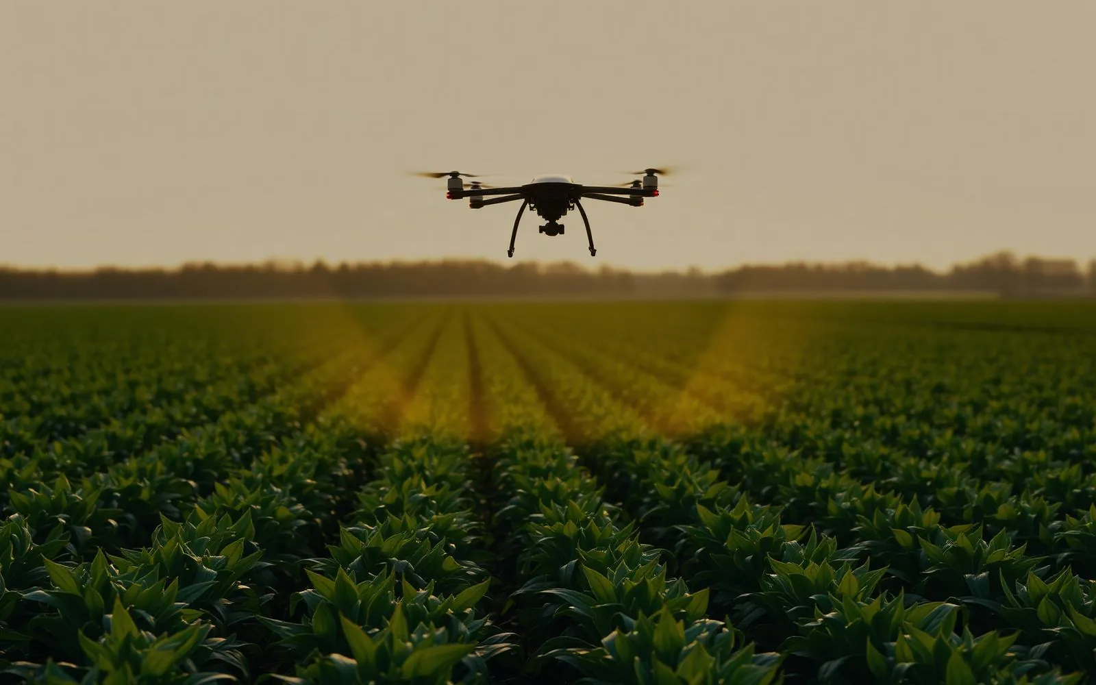 Drone agrícola sobrevoando a lavoura ao entardecer